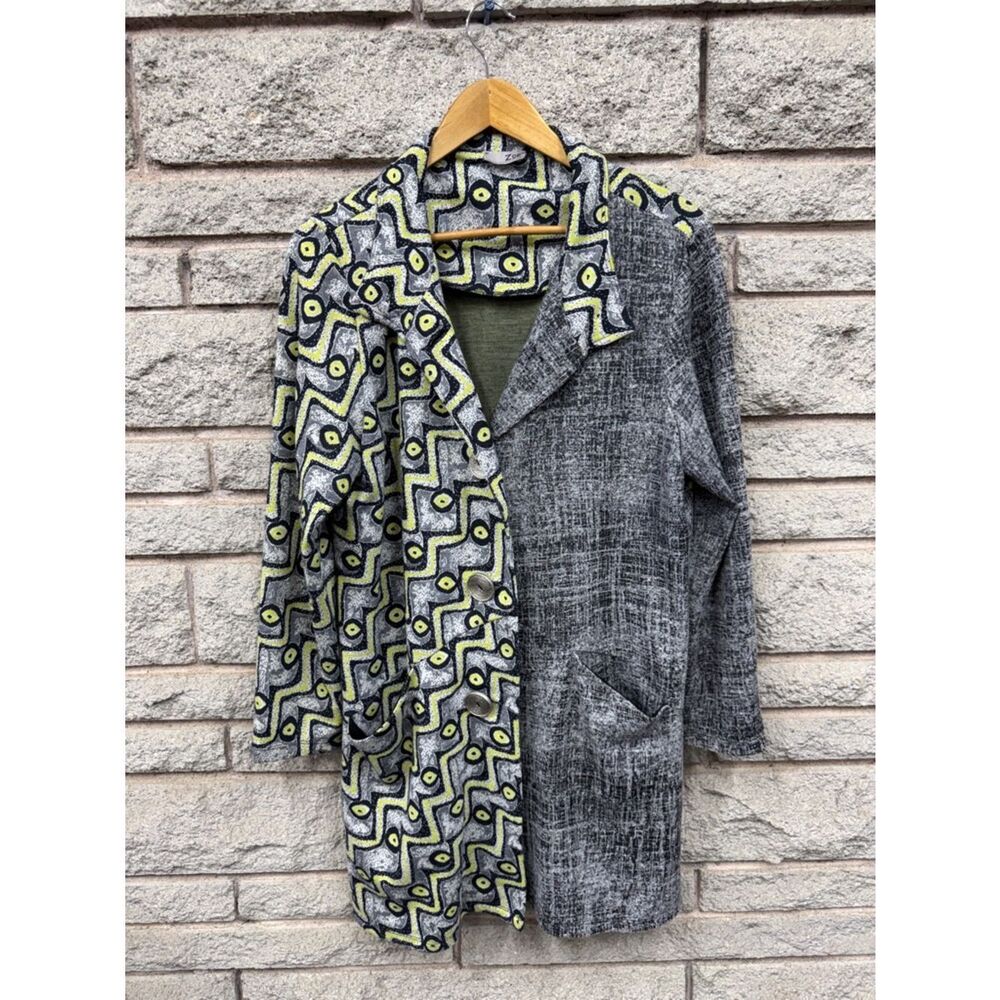 Women’s Patterned Gray & Yellow Pea Coat - Contemporary Open Front